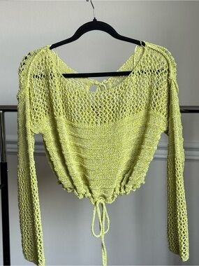Free People Solaris Pullover Sweater Crochet Knit Small Lime Made in Italy NWOT